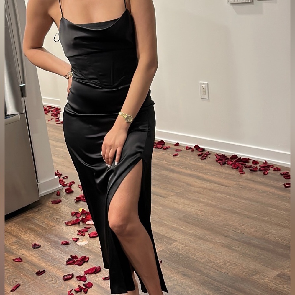 Black Zara satin slit gown